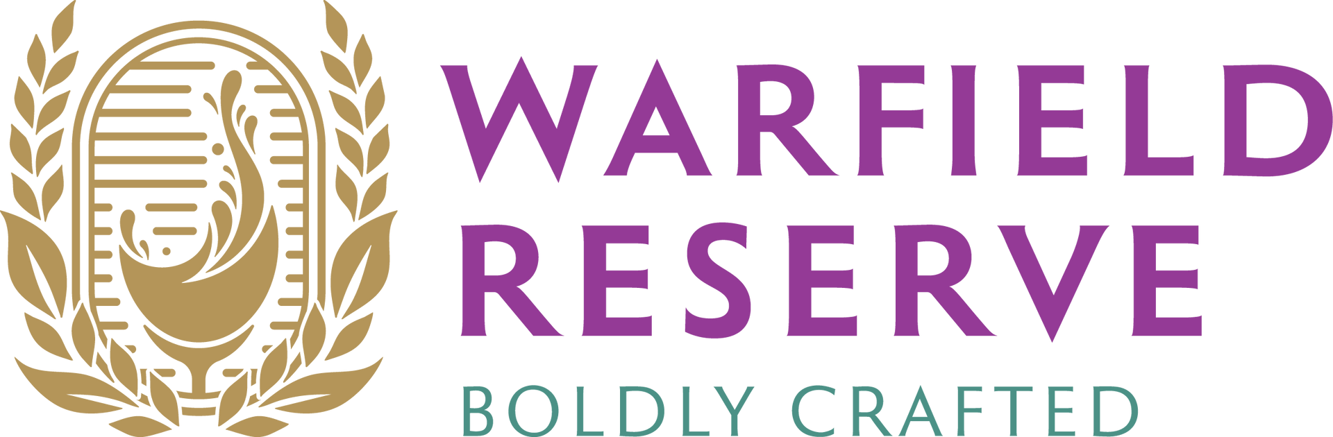 Warfield Reserve logo with a splash in a golden cup and text. Purple text 