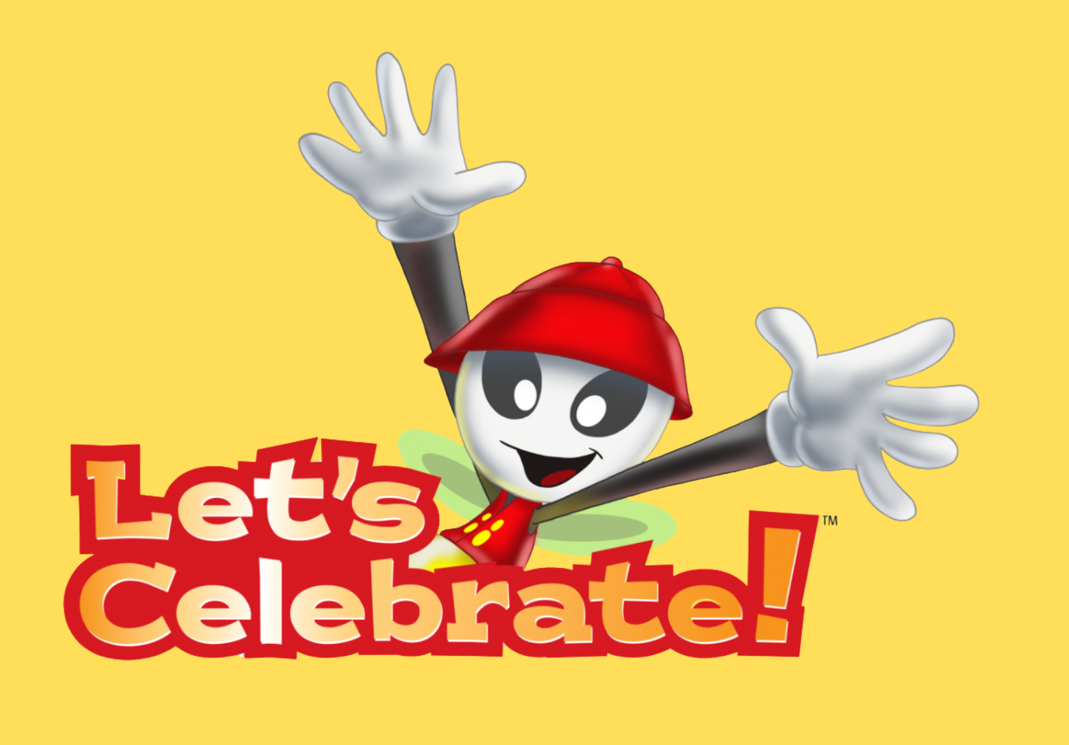 Smiling, cartoon character with red hat and arms raised,