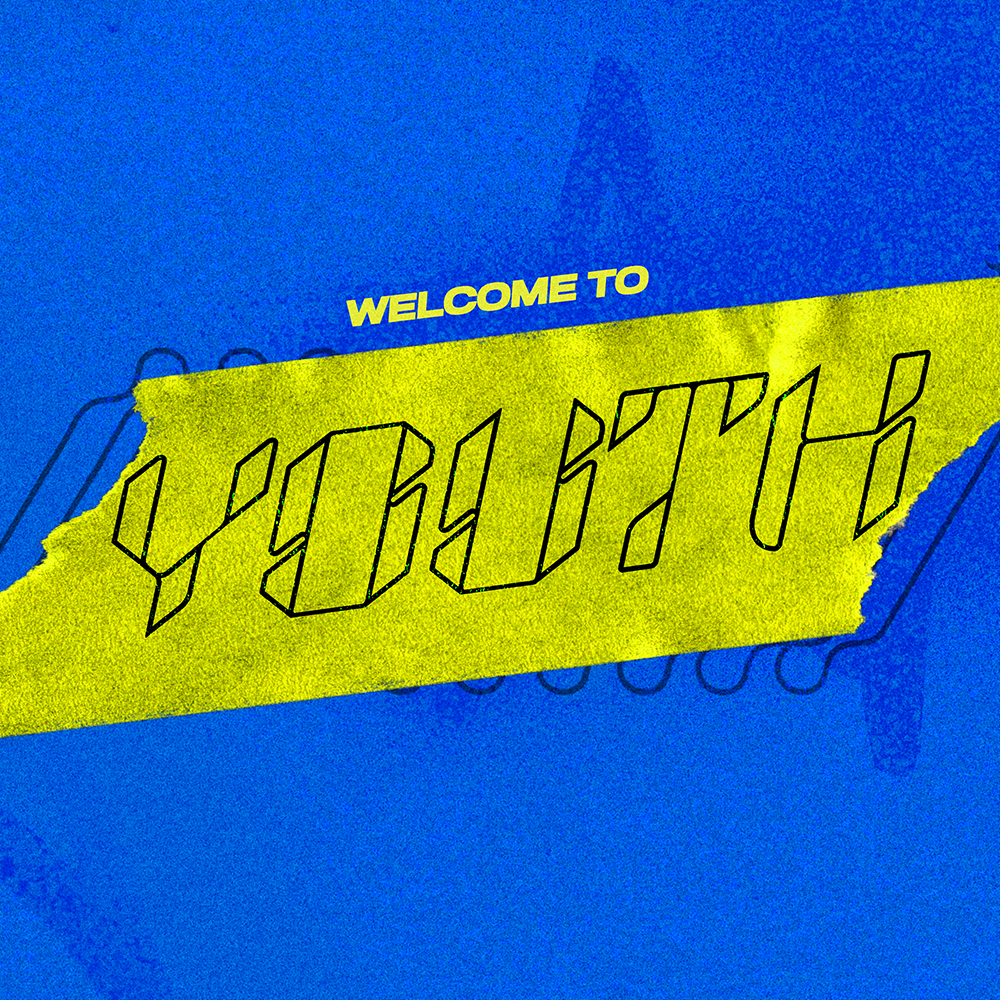 Blue background with torn yellow tape reading 
