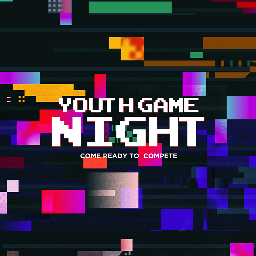 Youth Game Night graphic with pixelated and glitching design. Colorful blocks and the text 