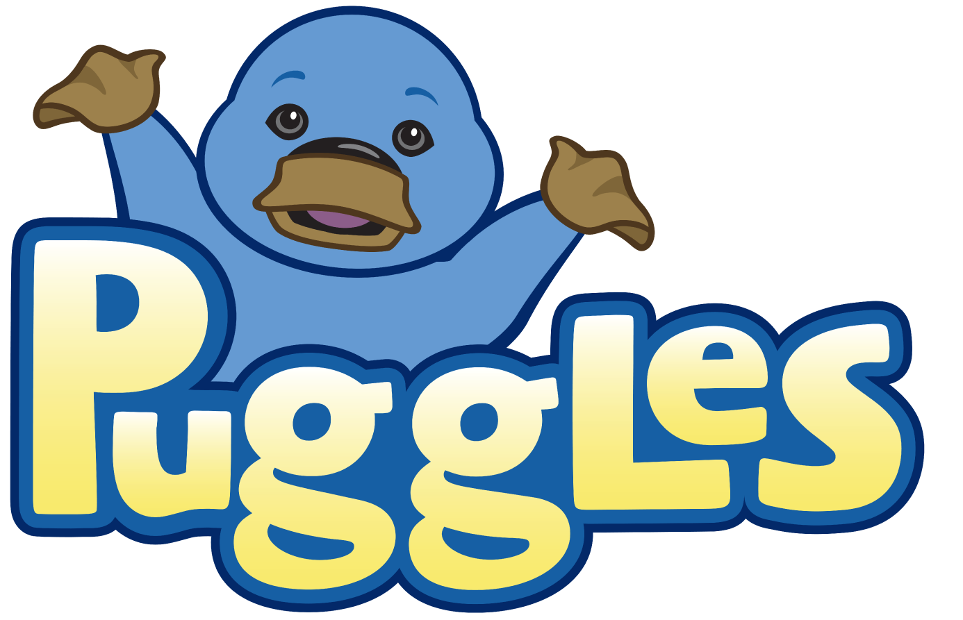 Blue platypus character with outstretched arms above the word