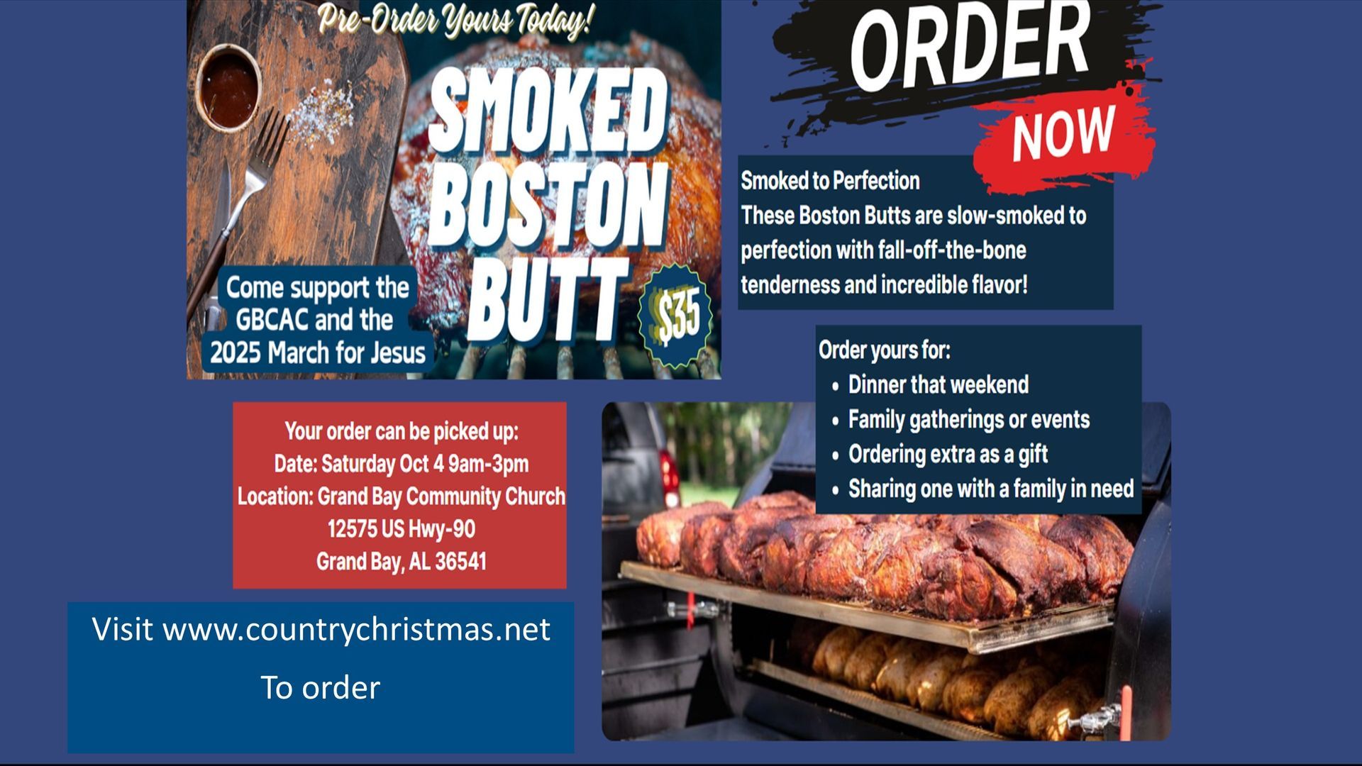 Smoked Boston butt fundraiser for QSDAC. Order online for pickup Saturday.