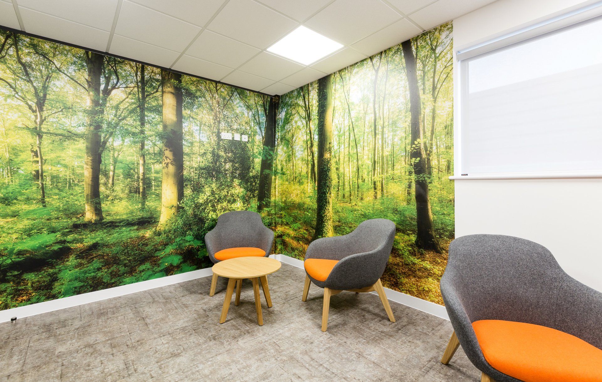 A room with chairs and a table with a picture of a forest on the wall.