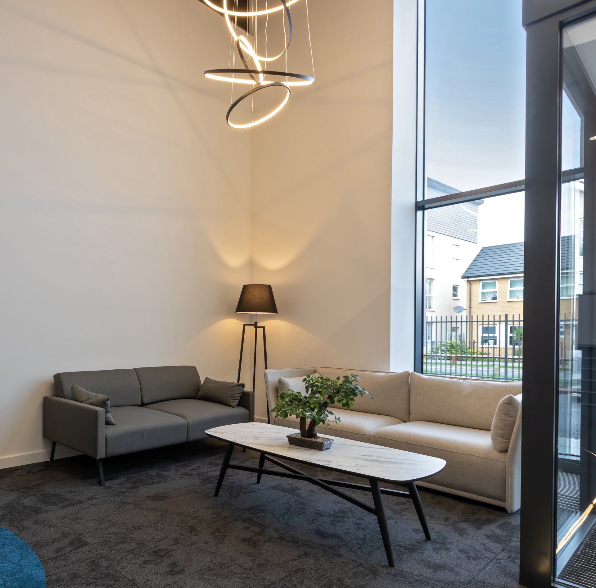 A living room with a couch and a coffee table