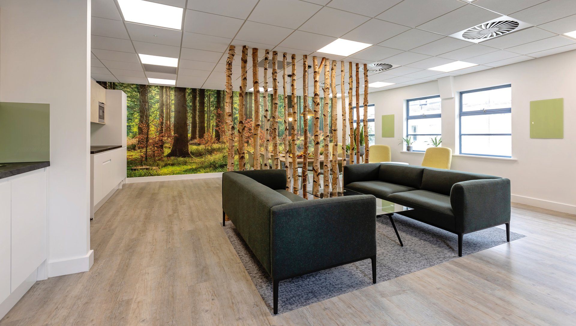 a living room with two couches and a picture of a forest on the wall .