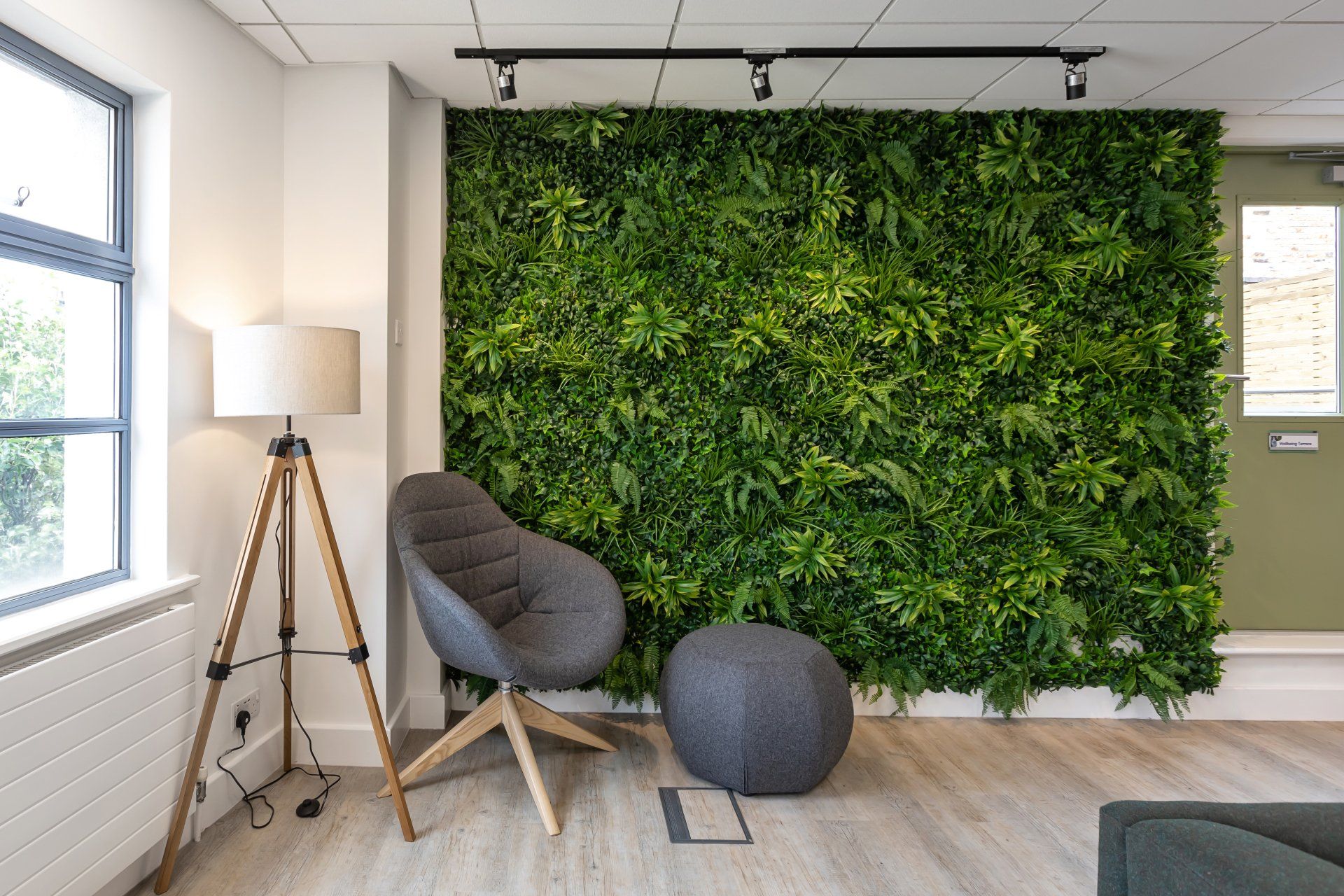 a living room with a green wall and a chair .
