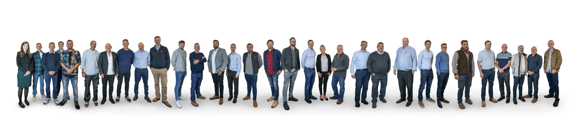 A large group of people are standing in a row on a white background.