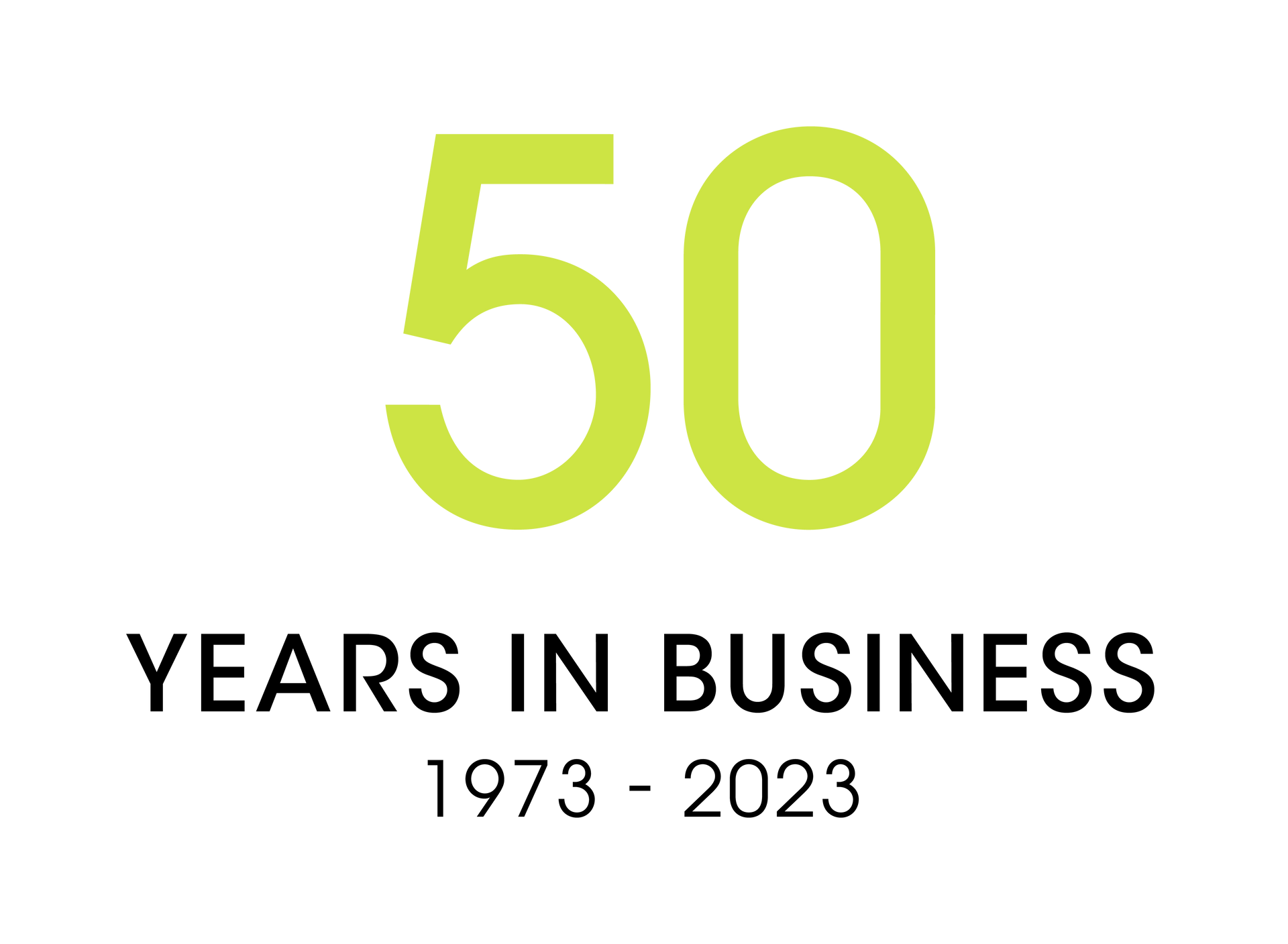 The number 50 is green and black and says `` years in business ''.