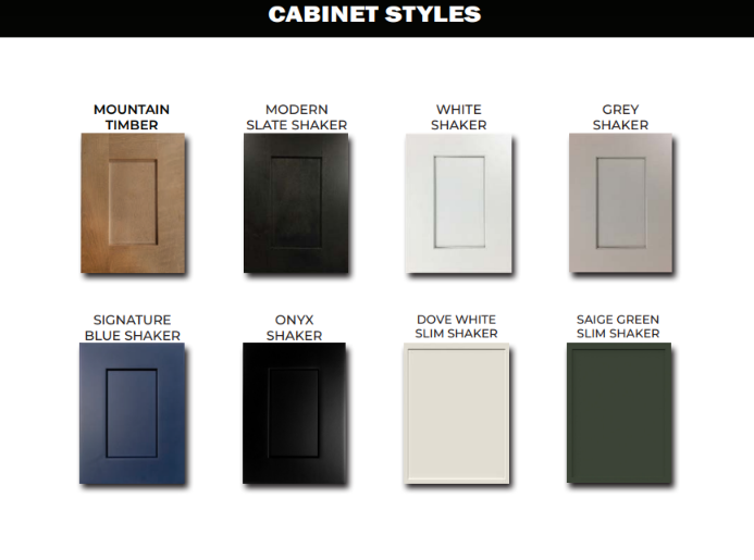 A grid display of eight cabinet door styles in various colors, including brown, black, white, gray, blue, and sage green.