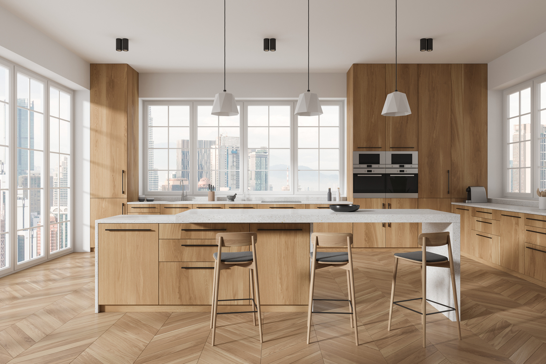 Modern kitchen with wooden cabinetry, a white marble island with three stools, and large windows with a city view.