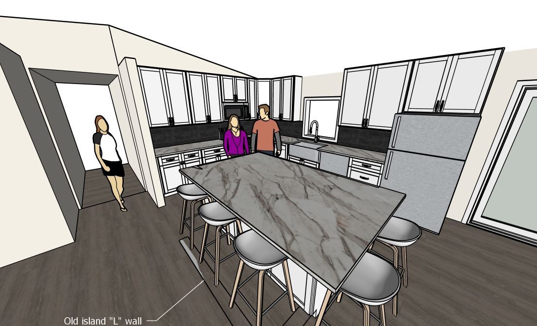 Digital architectural rendering of a modern kitchen with a central island, stools, cabinetry, and three people.