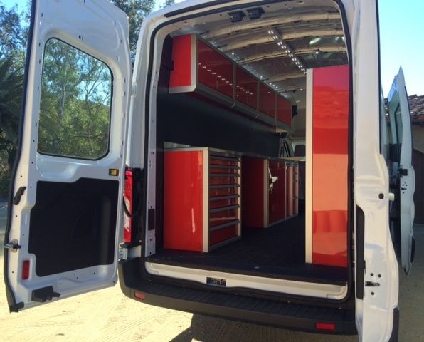 van fit out with red Metal Garage Cabinets Rocky Mountain Cabinets