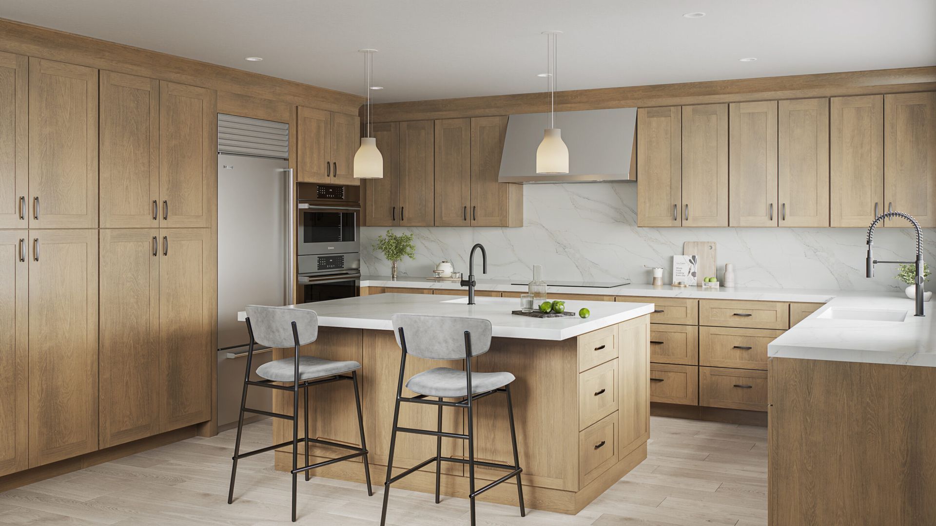 A modern kitchen with light wood cabinets, a marble backsplash, stainless steel appliances, and a central island with seats.