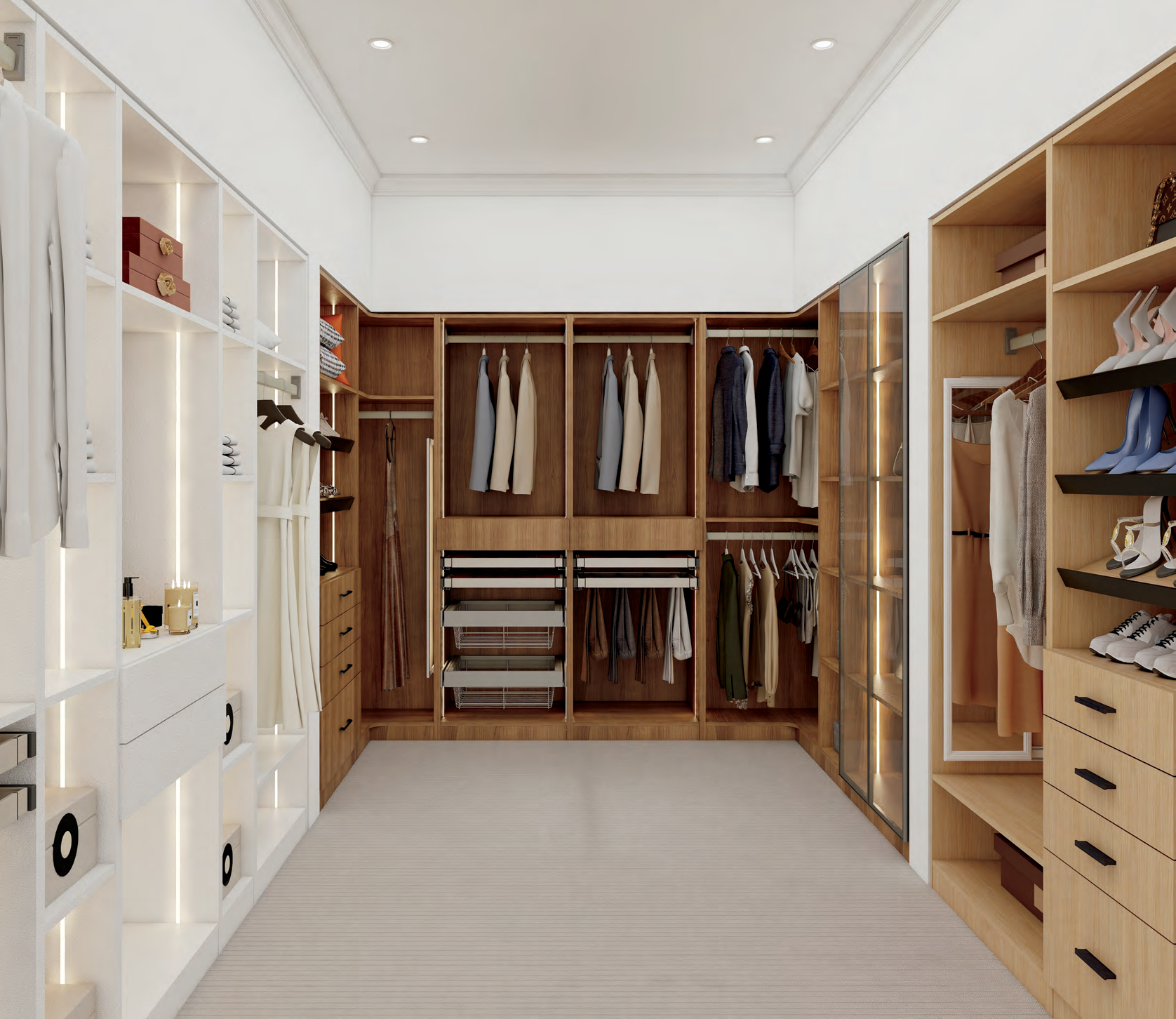 A modern walk-in closet with white shelving on the left, wood cabinetry in the center, and shoe storage on the right.