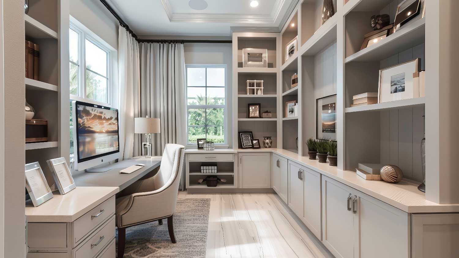 A modern home office with built-in gray shelving, a desk, a white chair, and two windows with light-colored curtains.