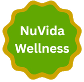 NuVida Wellness logo: green scalloped circle with white text, outlined in gold.