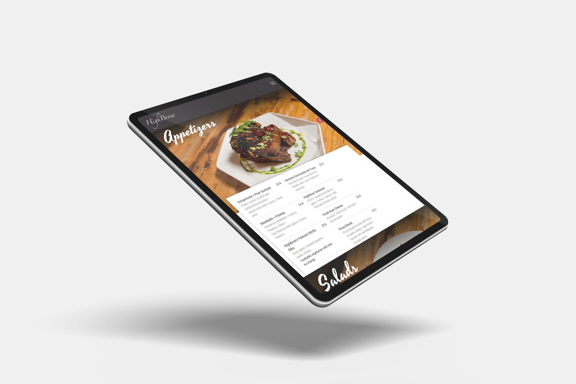 A tablet with a menu on it is floating in the air.