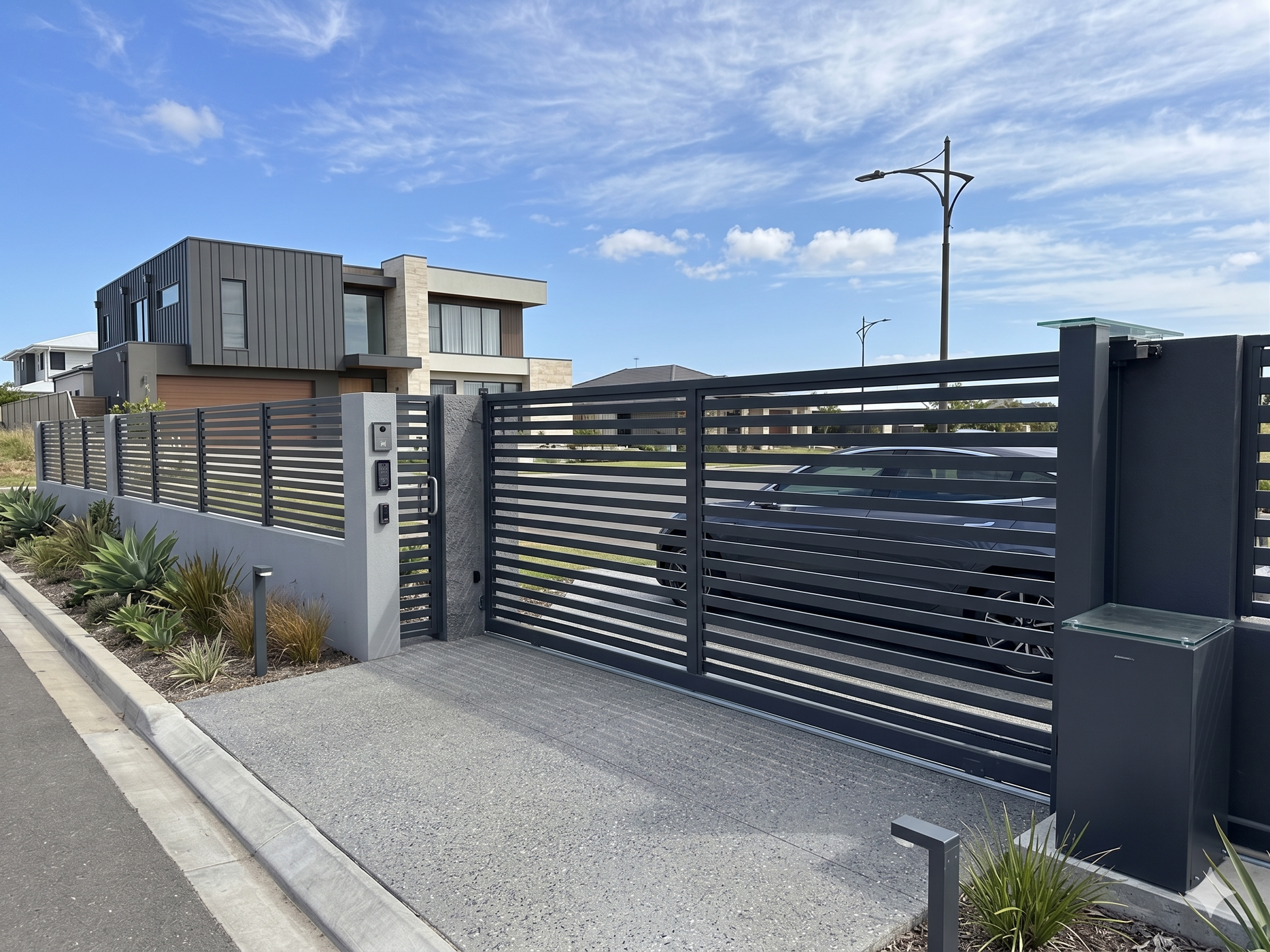 A modern house behind a tall, horizontal-slat dark grey metal gate and perimeter fence on a sunny day.