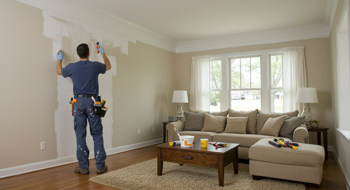 A painter in work clothes paints the upper portion of a beige living room wall white.