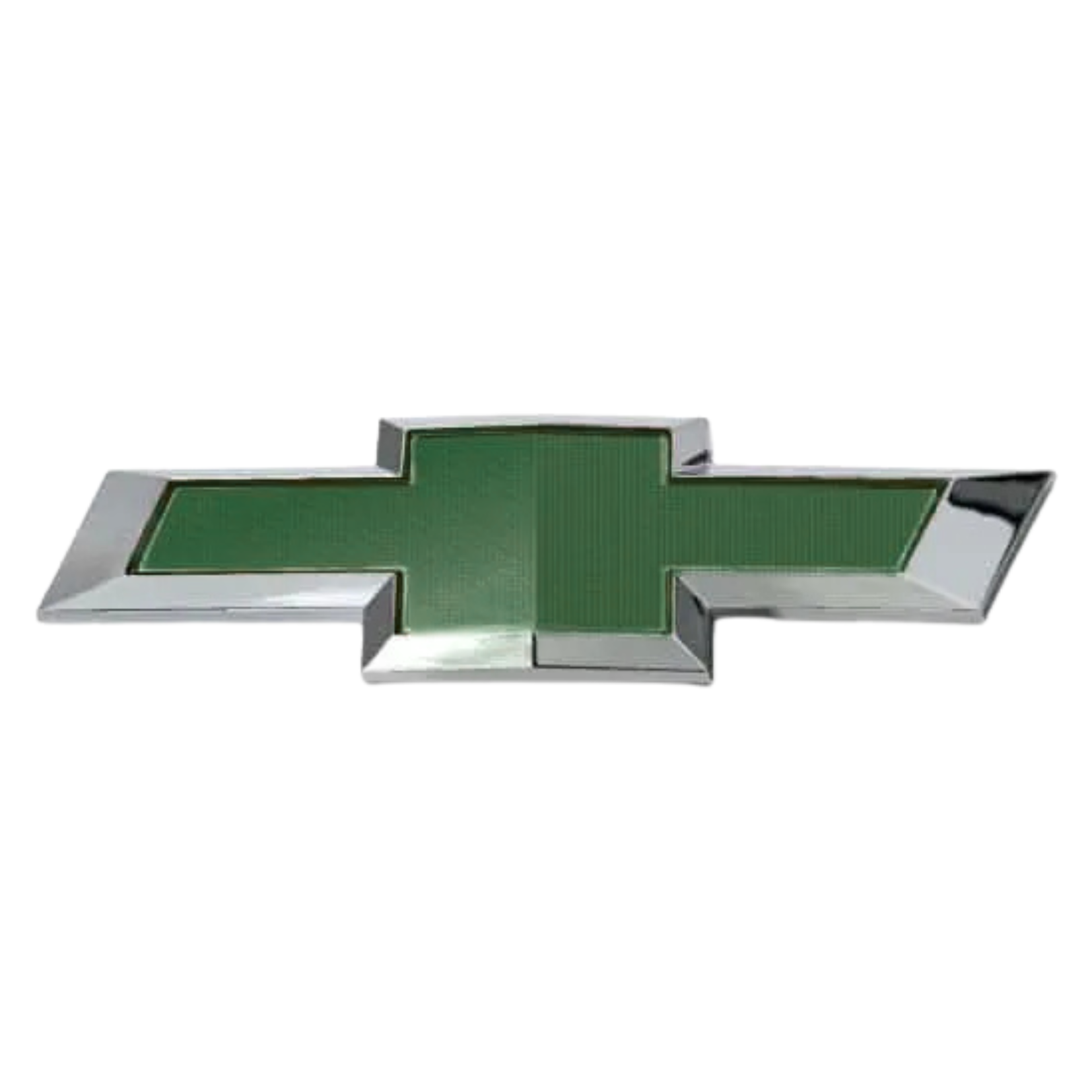Emblema verde de Chevrolet con contorno cromado sobre fondo blanco
