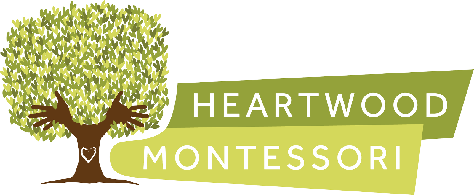 The logo for heartwood montessori shows a tree with a heart on it.