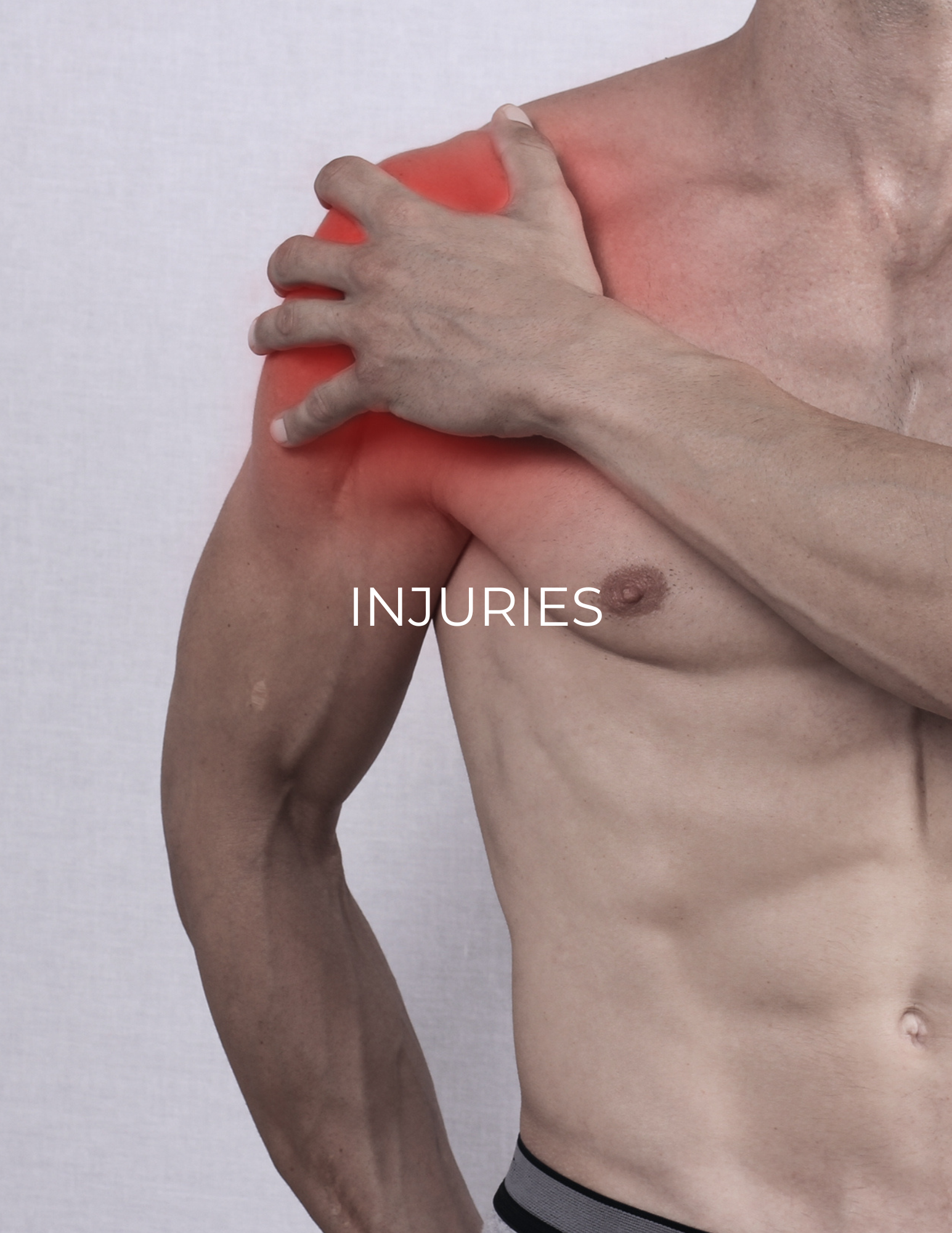Person clutching red-highlighted shoulder injury, with the word “INJURIES” overlaid.