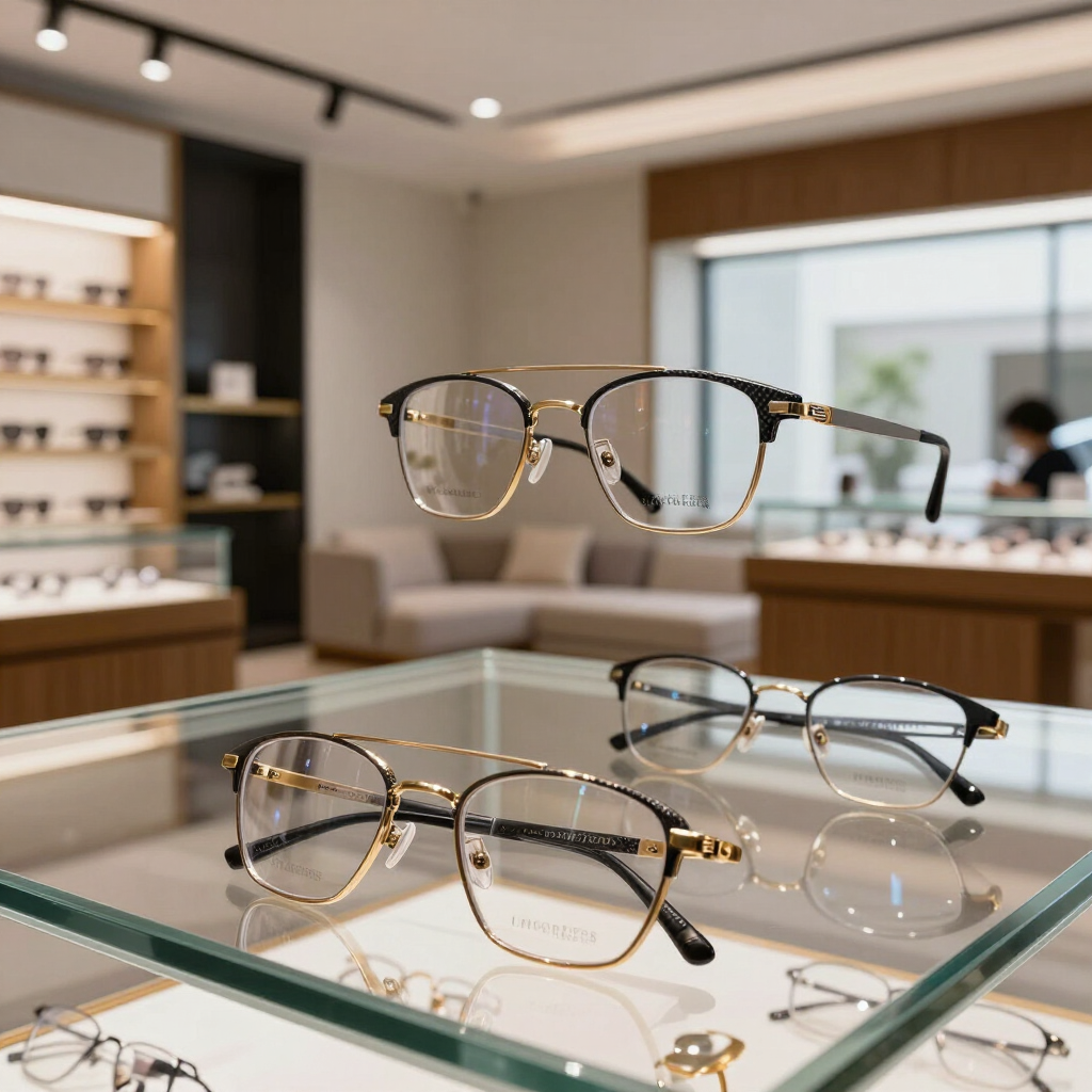 Gafas expuestas en estantes de cristal en el interior de una óptica moderna.