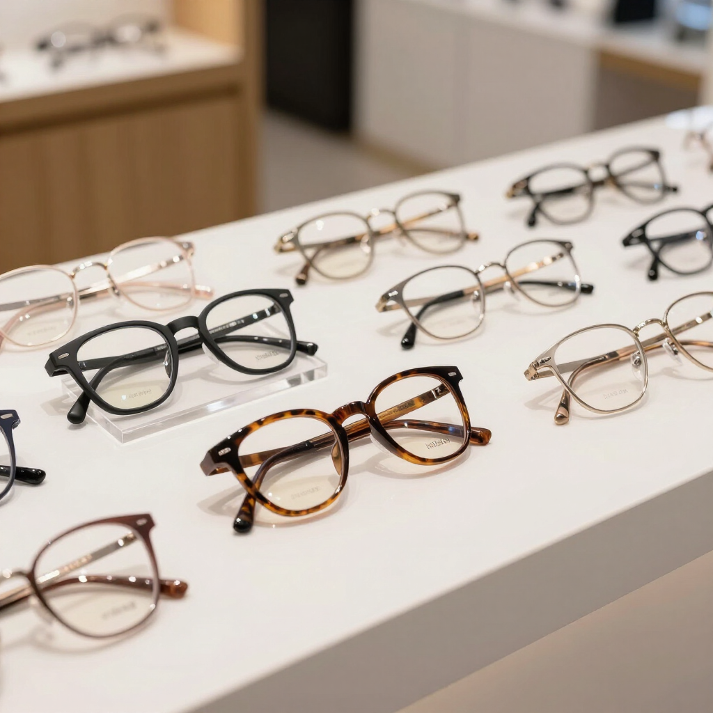 Exhibición de monturas de gafas variadas sobre una mesa blanca en el escaparate de una tienda.