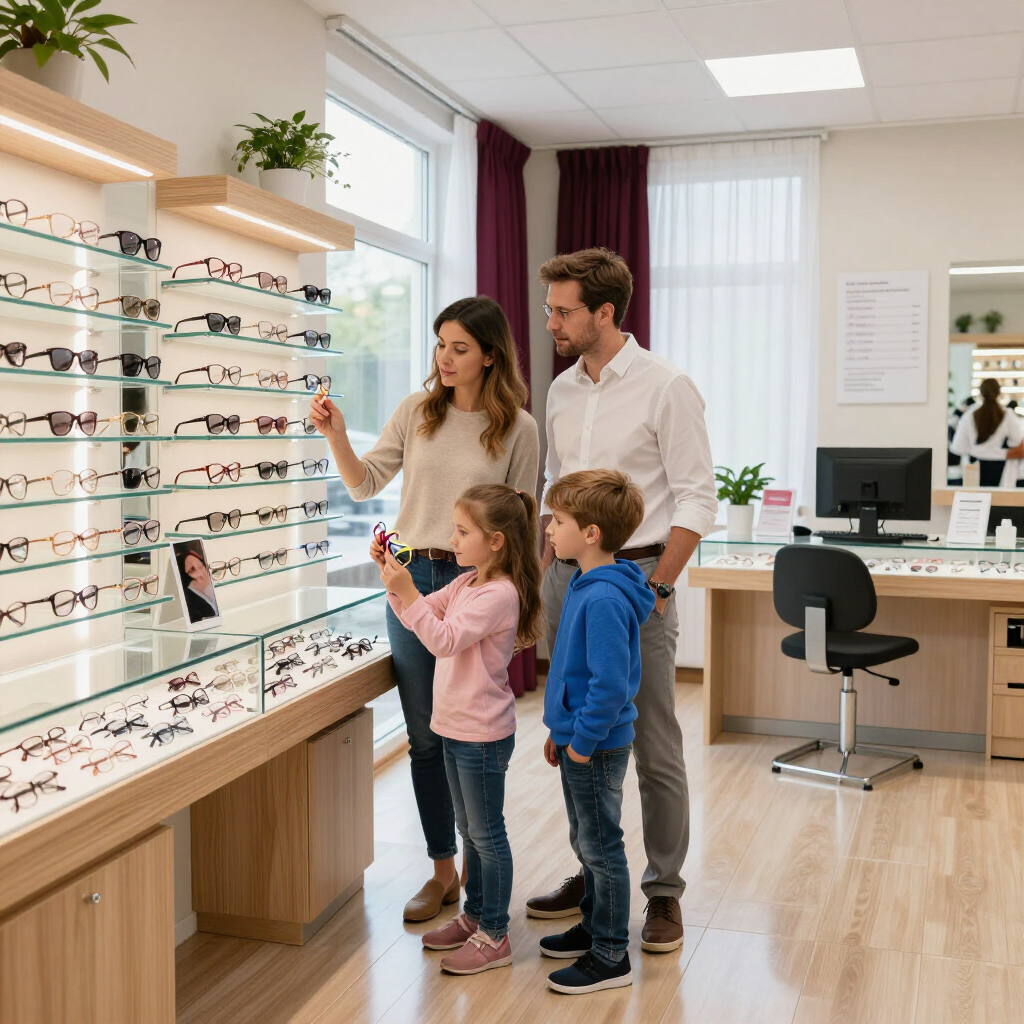 Una familia mira gafas en una óptica luminosa, mientras una mujer señala las monturas.