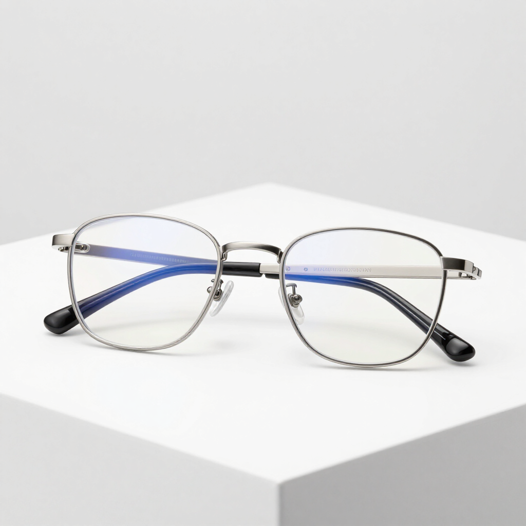 Gafas plateadas con detalles azules sobre un pedestal blanco.