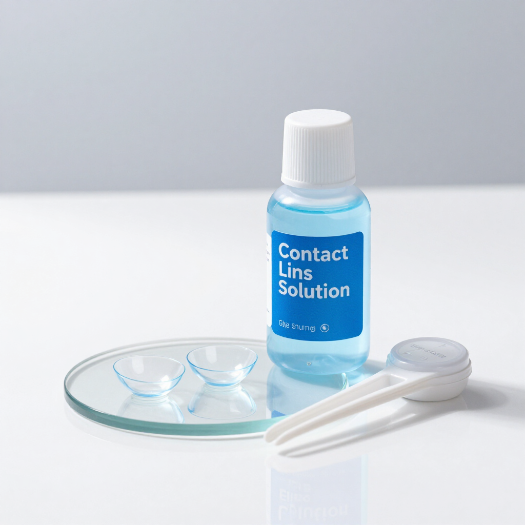 Frasco de solución para lentes de contacto con estuche, lentes y pinzas sobre una superficie blanca.