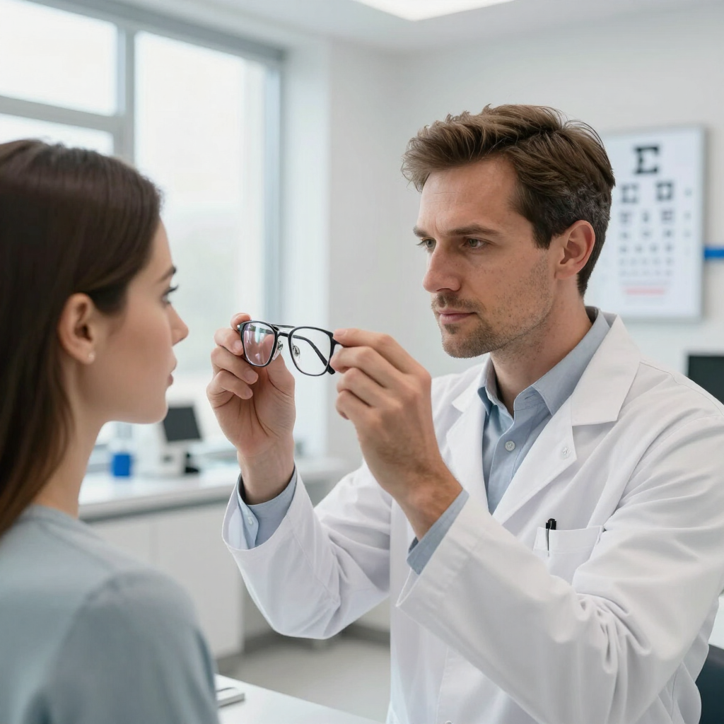 Optometrista mostrando las monturas de las gafas a un paciente en una luminosa sala de examen ocular.