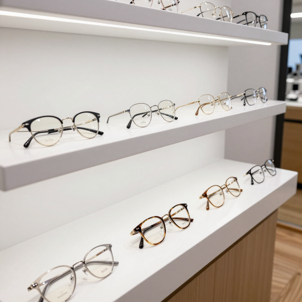 Monturas de gafas expuestas en estantes blancos en una tienda minorista.