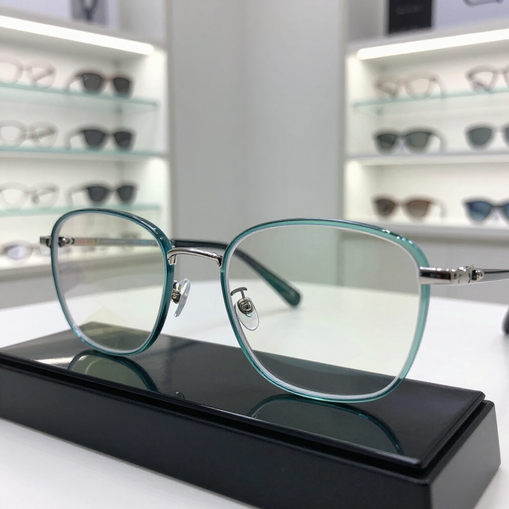 Gafas con montura azul sobre un estuche negro en el escaparate de una óptica.