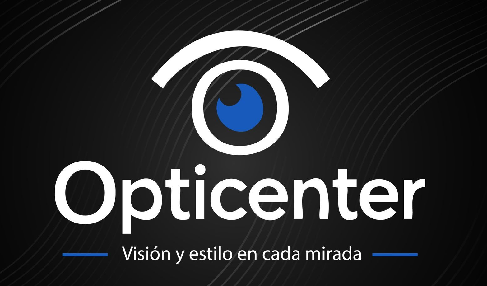 Logotipo de Opticenter con un ojo estilizado y el lema “Visión y estilo en cada mirada” sobre un fondo negro.