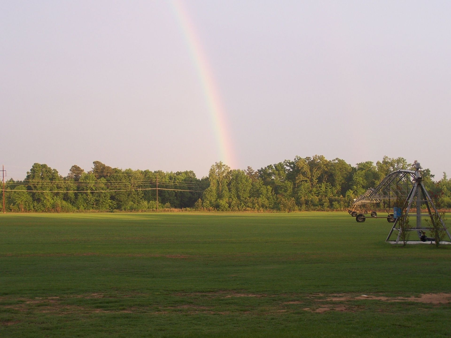 A rainbow is visible over a lush green field