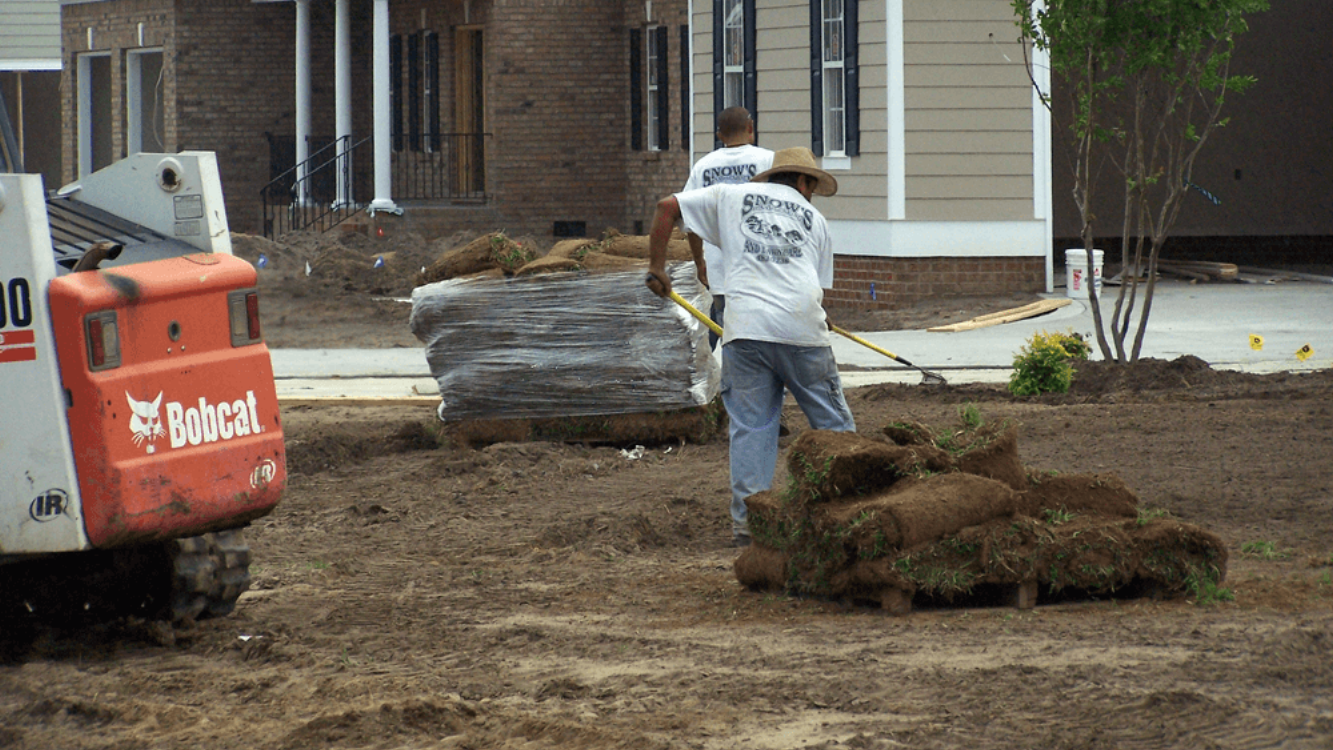 Two workers laying sod in front of a house using a Bobcat in Wilmington, NC.