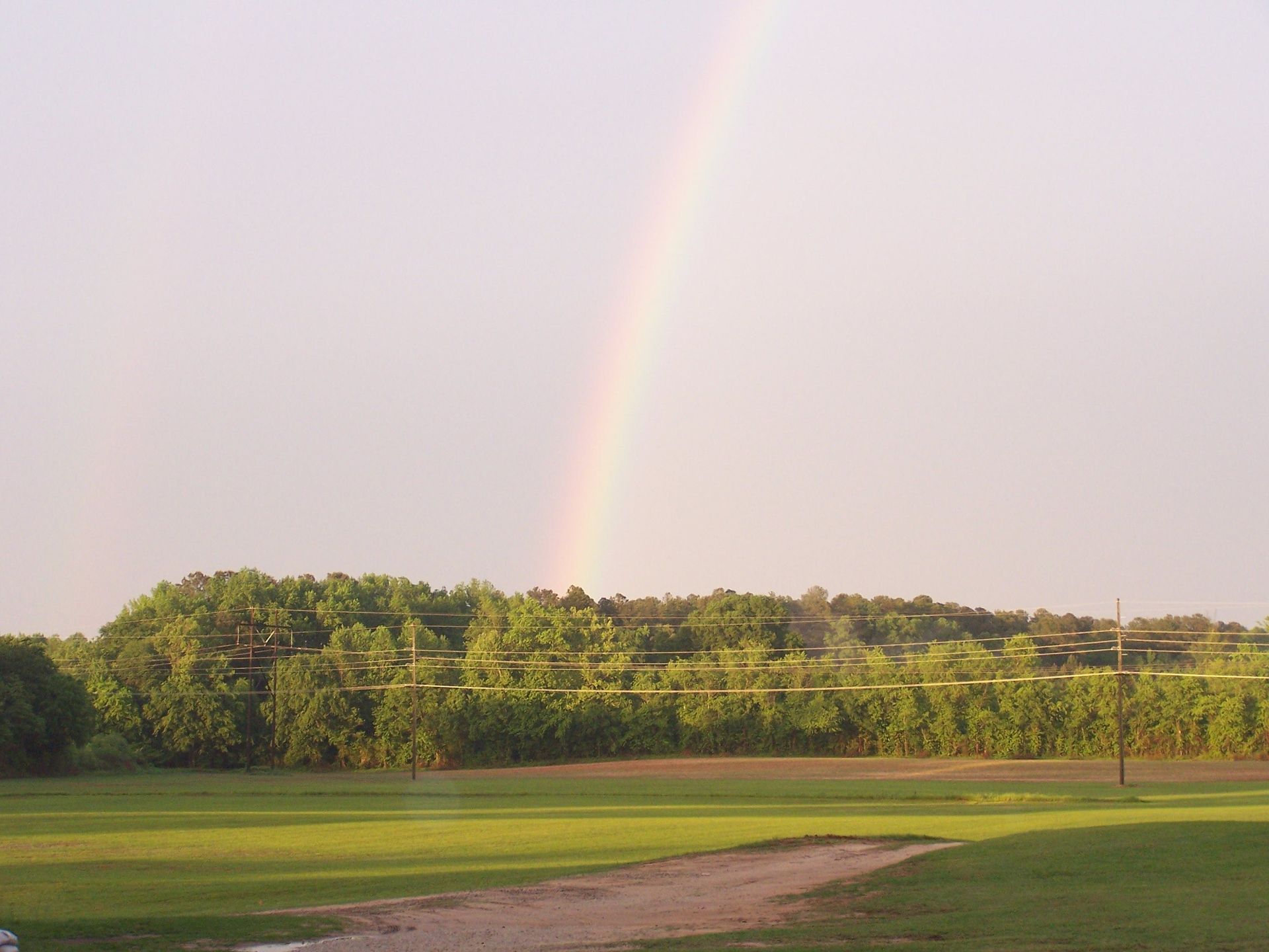 A rainbow is visible over a field with trees in the background