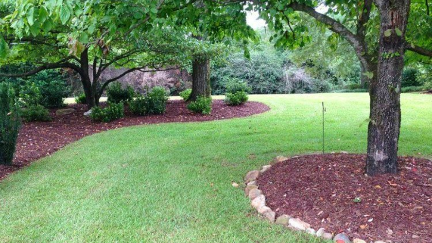 Lush green lawn with trees and mulched garden beds bordered by stones in Wilmington, NC.