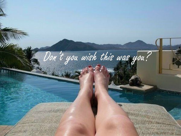 a woman laying by a pool with the words 
