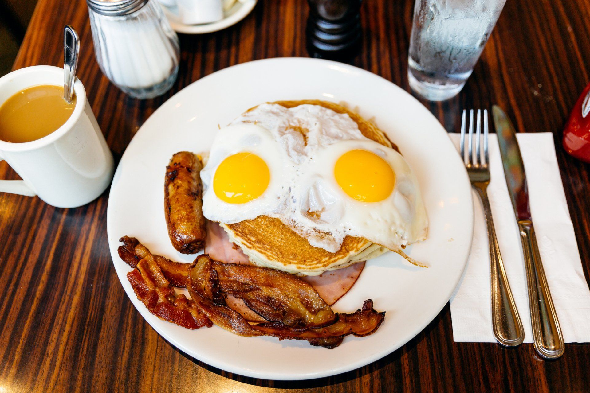 Pancake With Eggs, Bacon And Sausage — Gordonville, PA — The Village Cafe