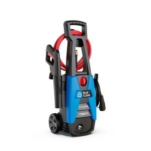 A blue and black high pressure washer with wheels on a white background.