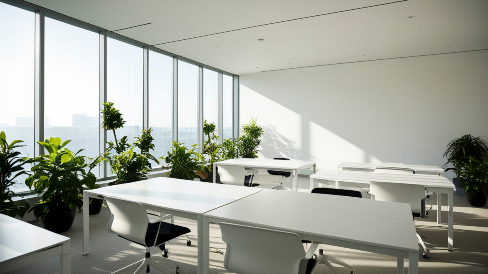 Sunlit modern office with white desks, chairs, and potted plants by large windows