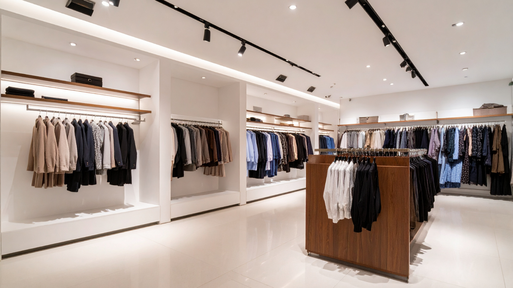 Bright modern clothing store interior with neatly displayed shirts and jackets on white walls and central racks