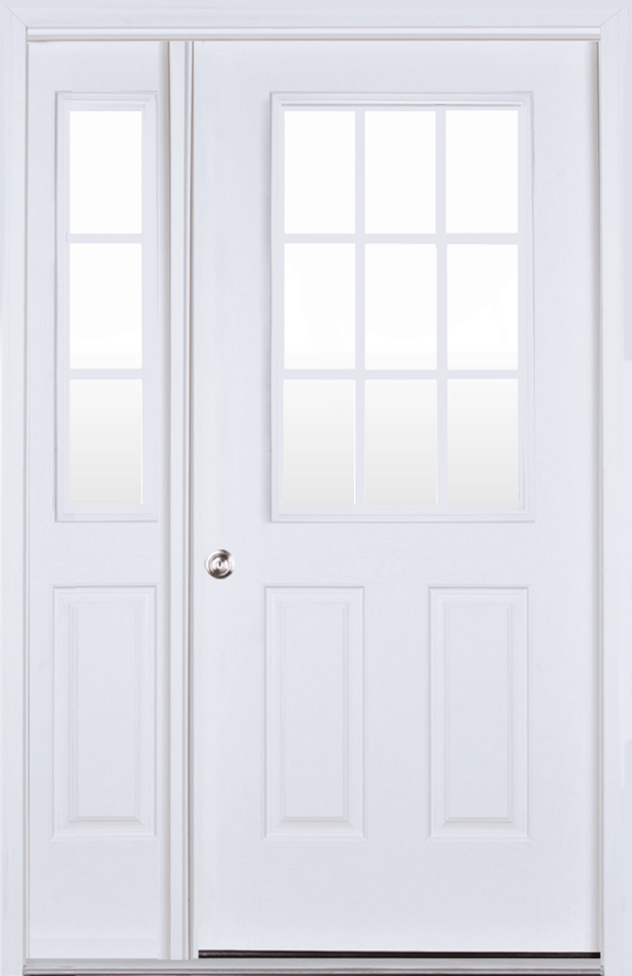 Superior Outdoor Centers A white door with two windows on a white background.