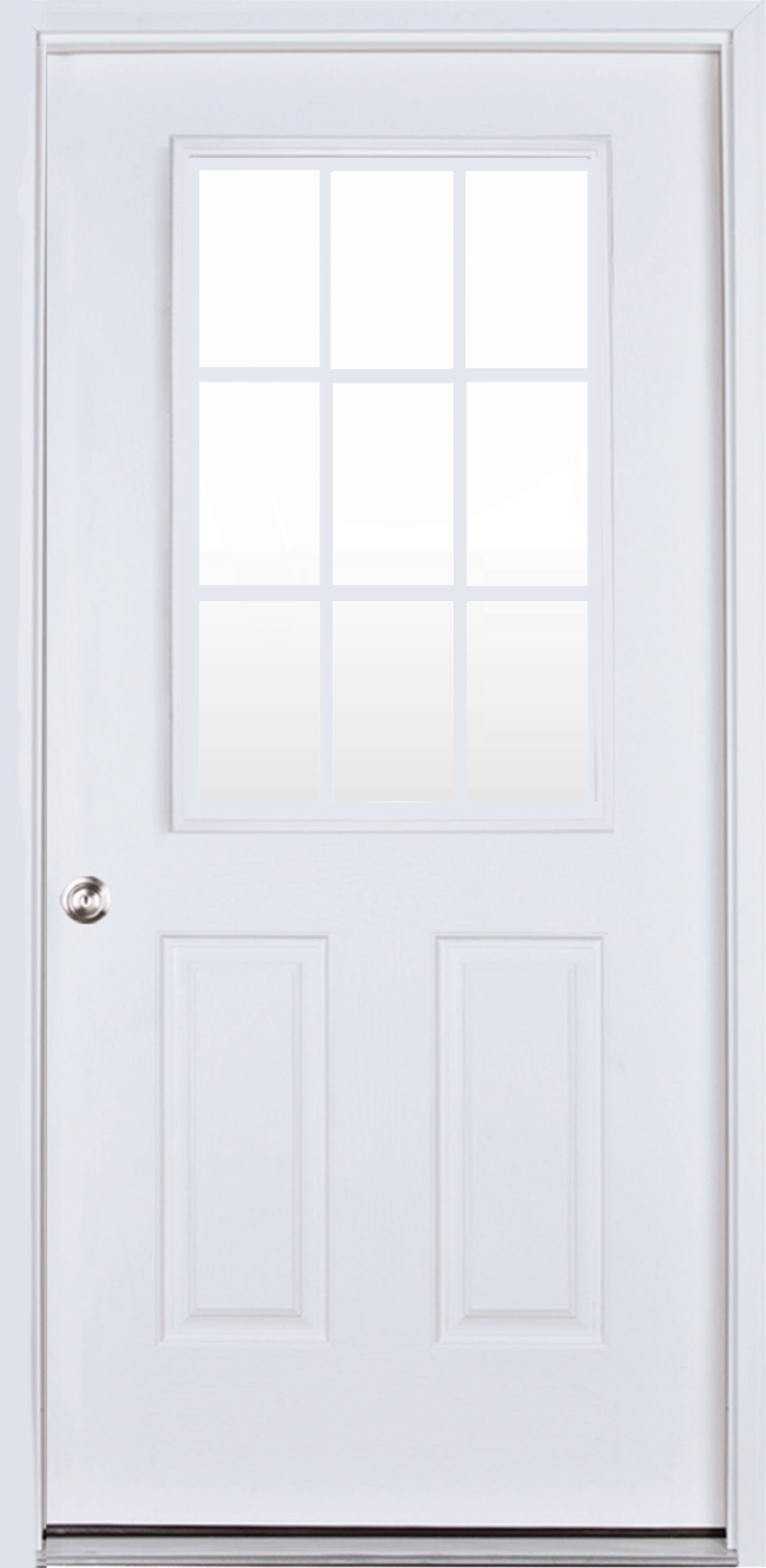 Superior Outdoor Centers A white door with a clear glass window on a white background.