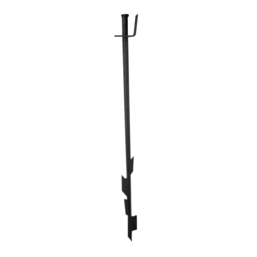 A black metal pole with a handle on a white background.