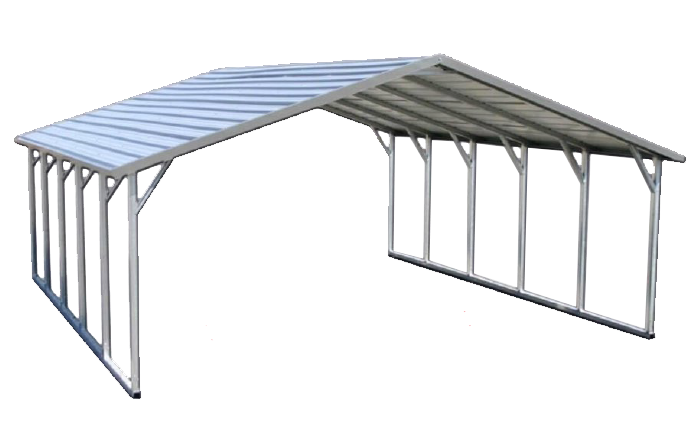 A metal carport with a roof on a white background.