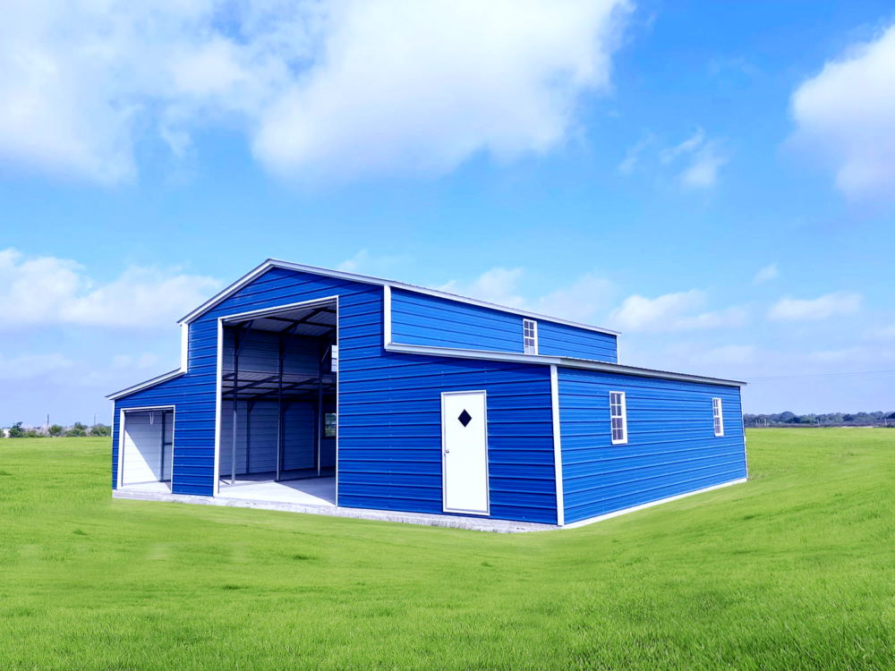 Superior Outdoor Centers  Commercial Metal Building Garage A blue building is sitting in the middle of a grassy field.
