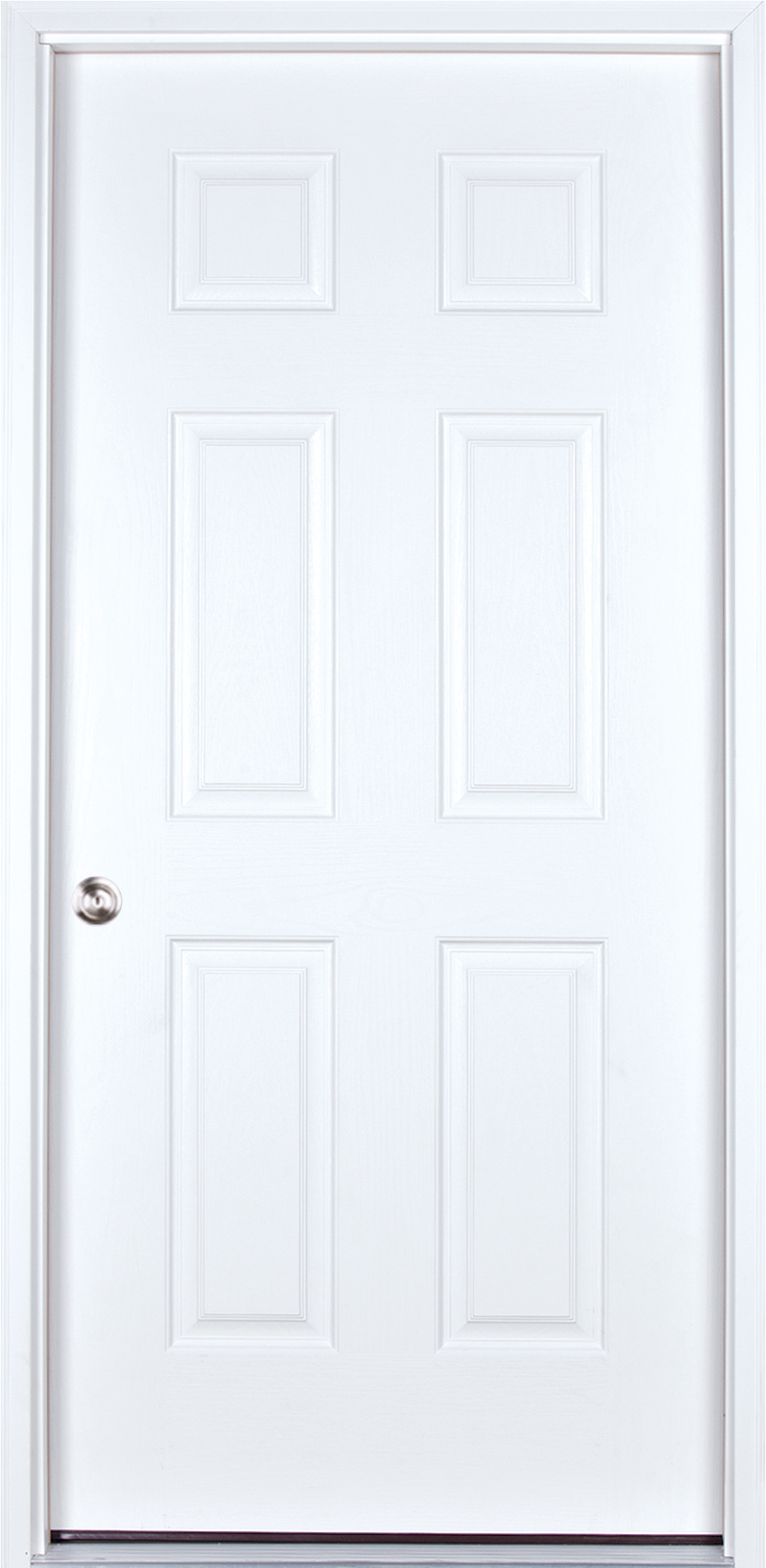 Superior Outdoor Centers A white door with six panels and a handle on a white background.